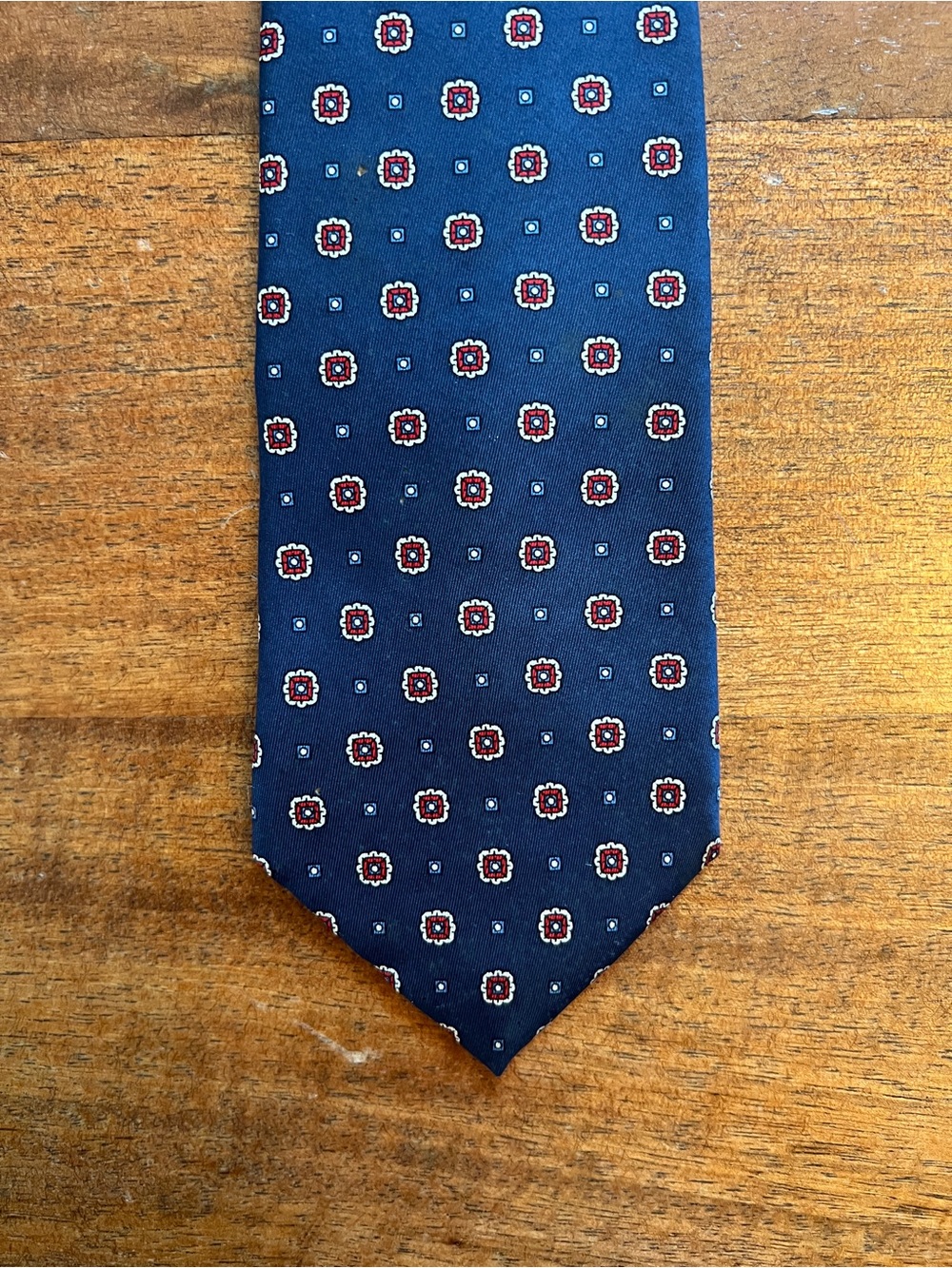 Hardy Amies Men's Woven Silk Pointed Tie Blue Red White Geometric Logo